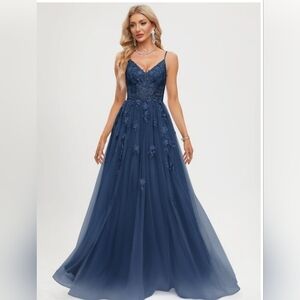 JJ’s House Navy Blue Size 18 V-Neck Lace Appliqué Maxi Bridesmaid Prom Formal